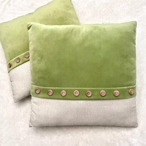 Pier 1 Imports Pair Of Two Green & Beige Pillows With Wood Button Accents - New